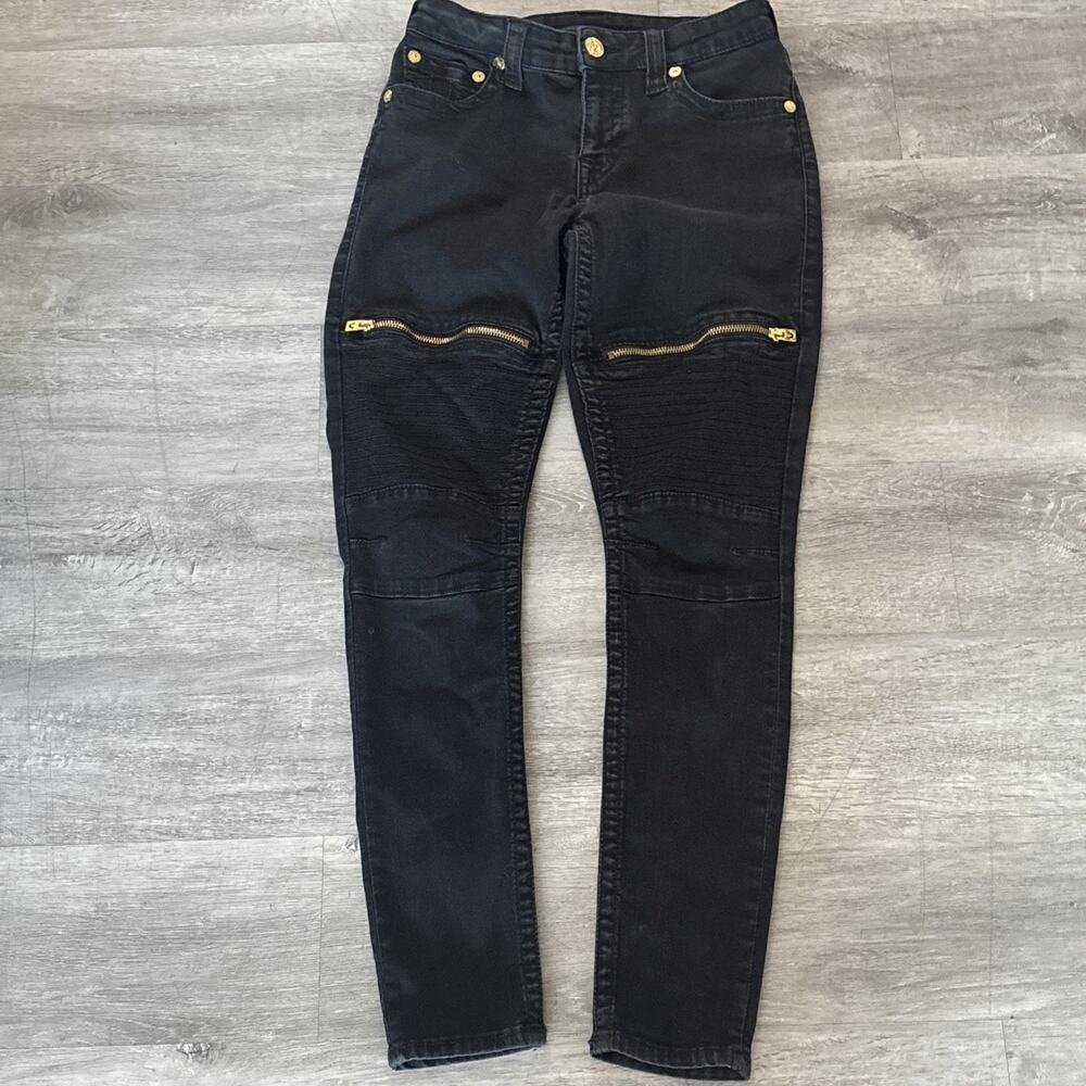 True Religion womens Black gold Zipper Moto Skinny Jeans Size 28